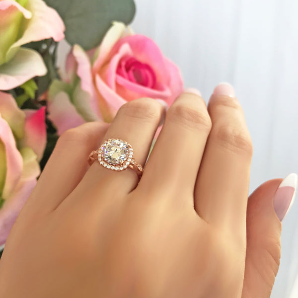 14k Rose Gold Moissanite and Diamond Art Deco Halo ring | Warren Jewellers